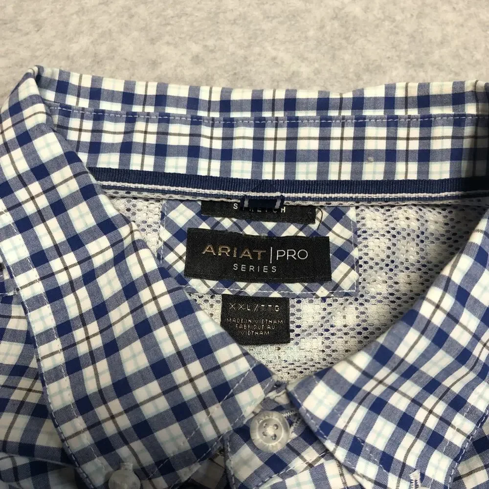Ariat Pro Series Shirt Mens 2XL Blue White Checked Button Down Western Workwear - Picture 10 of 14